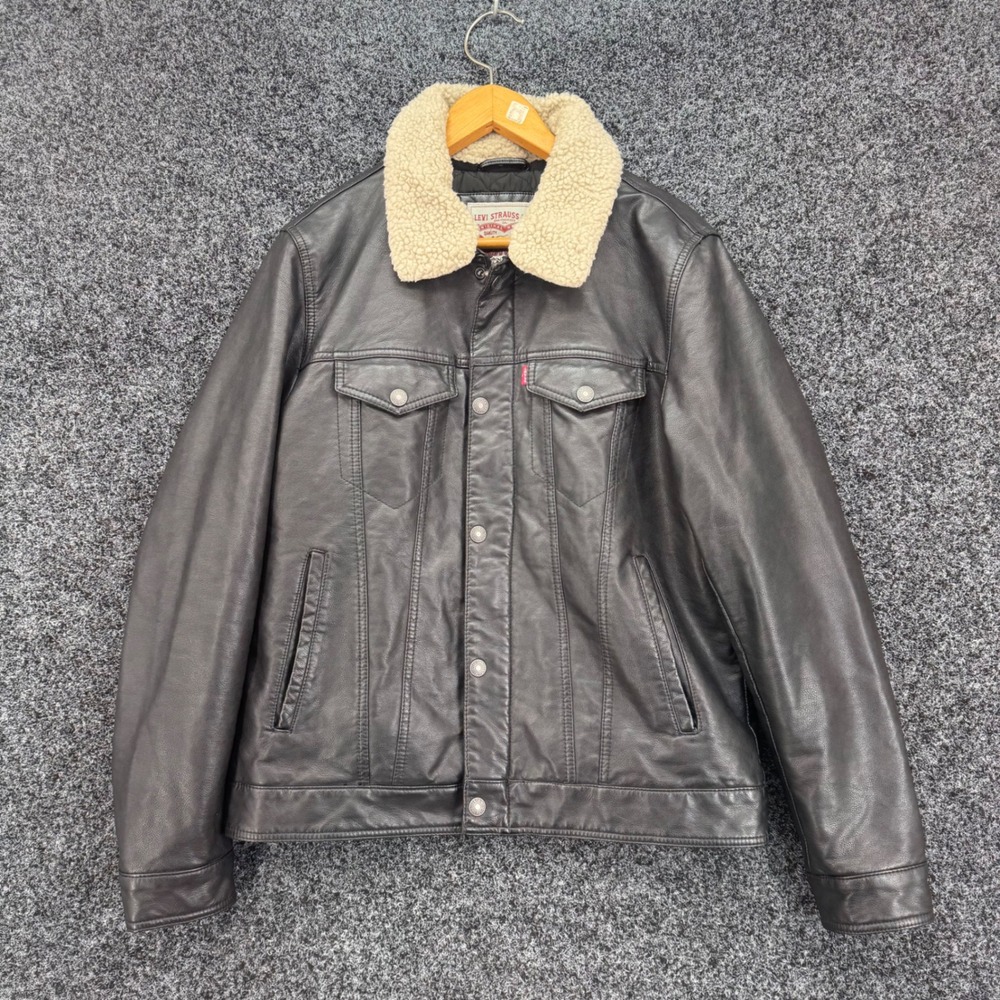 Levis Mens Faux Leather Sherpa Collar Trucker Jacket Black Medium Quilted Lining